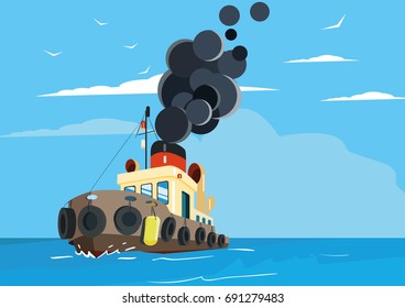 Illustration of a tugboat viewed from the side. Vector illustration.