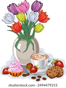 Illustration with tulips and coffee.Vector illustration with tulips in a vase, cup of coffee, strawberries and sweet desserts.