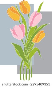 Illustration of tulips flower on grey square vertical background.