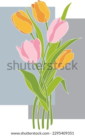 Illustration of tulips flower on grey square vertical background.