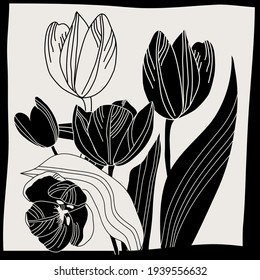 illustration with tulips and leaves. vector design for paper. fabric and other surfaces.