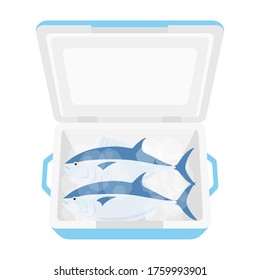 Illustration of tuna in a cooler box.