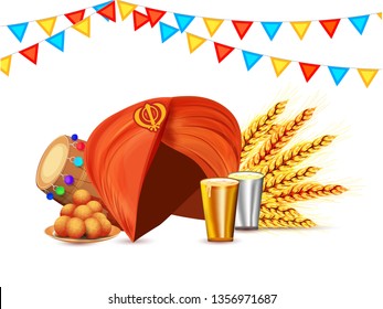 Illustration Of A Turban, Sweets, Drinks And Wheat Grains And Bunting Flags On White Background. Baisakhi Concept.