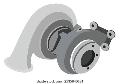 Ilustração de um turbocompressor. É um dispositivo que força ar extra nos cilindros do motor, aumentando a potência. Ilustração plana de vetor