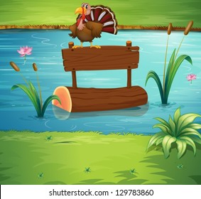 Illustration of a turkey above a floating trunk at the river