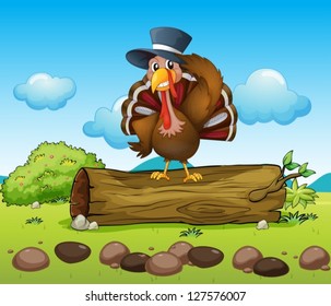 Illustration of a turkey above a log