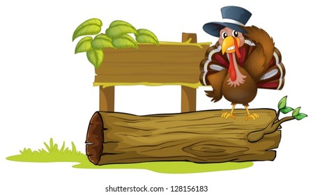 Illustration of a turkey above a trunk beside an empty signboard