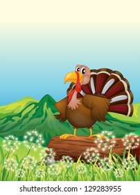 Illustration of a turkey above a trunk at the hilltop