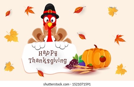 Illustration of turkey bird holding message card of Happy Thanksgiving with vegetable grain fruit and autumn leaves decorated on background.