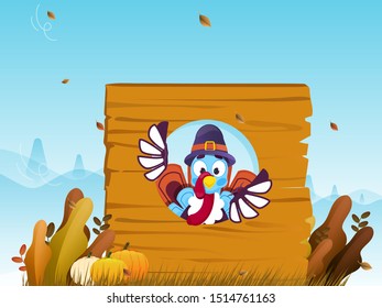 Illustration of turkey bird with pumpkins, autumn leaves and wooden board given for your message on blue landscape background.
