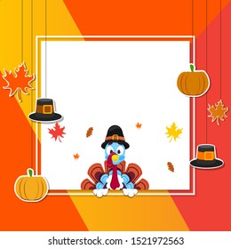 Illustration of turkey bird with sticker style pilgrim hat, pumpkin and autumn leaves decorated on colorful background with space for your message.