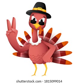 Illustration of Turkey Bird Wear Pilgrim Hat with Showing Peace Symbol on White Background.
