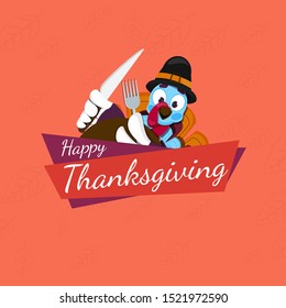 Illustration of turkey bird wearing pilgrim hat with holding fork and knife on orange background for Happy Thanksgiving celebration.