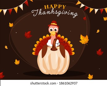 Illustration of Turkey Bird Wearing Pilgrim Hat with Pumpkin and Autumn Leaves Falling on Brown Background for Happy Thanksgiving Day.