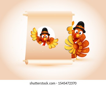 Illustration Of Turkey Birds Wearing Pilgrim Hat And Holding Blank Scroll Paper Given For Your Message For Thanksgiving.