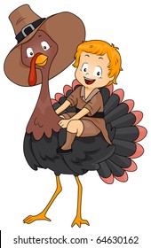 Illustration of a Turkey with a Boy Dressed in a Pilgrim Costume Sitting on His Back