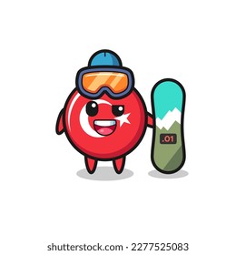 Illustration of turkey flag badge character with snowboarding style , cute style design for t shirt, sticker, logo element
