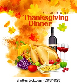illustration of turkey, fruits and wine in Happy Thanksgiving dinner celebration