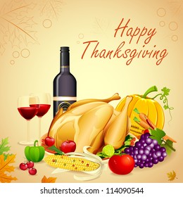 illustration of turkey, fruits and wine in Thanksgiving dinner