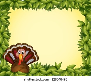 Illustration of a turkey in a leafy frame border