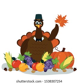 Illustration of a Turkey with a maple leaf and autumn harvest. Vector graphics