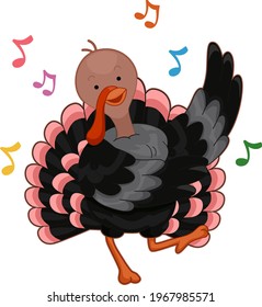 Illustration Of A Turkey Mascot With A Wing Up Dancing To Music