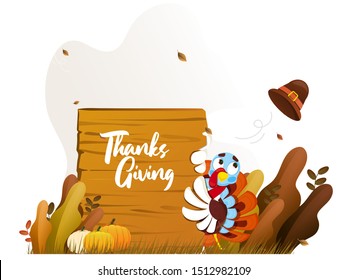 Illustration of turkey with pilgrim hat, pumpkins, autumn leaves and wooden board for Thanksgiving celebration concept.