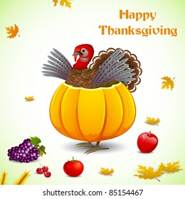illustration of turkey in pumpkin with fruit for thanksgiving
