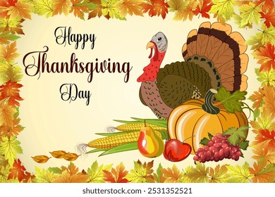 Illustration with a turkey and a pumpkin.Vector illustration with turkey, pumpkin and fruits on a colored background with text and a frame of autumn leaves.