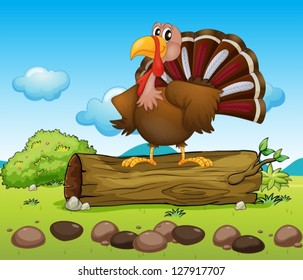 Illustration of a turkey standing above a wood