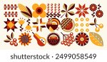 Illustration with a turkey for Thanksgiving in the Ukrainian style. Minimal geometric floral pattern. Scandinavian style. Mosaic shapes background. Concept of eco agriculture.