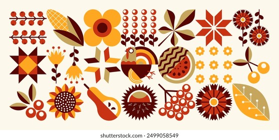 Illustration with a turkey for Thanksgiving in the Ukrainian style. Minimal geometric floral pattern. Scandinavian style. Mosaic shapes background. Concept of eco agriculture.