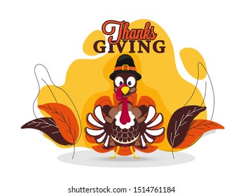 Illustration of turkey wearing pilgrim hat with leaves on abstract background for Thanksgiving Day greeting card design.