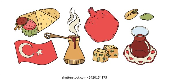 Illustration of Turkish delights: kebab wrap, pomegranate, pistachios, Turkish tea, lokum, and flag, representing Turkey's rich culinary tradition