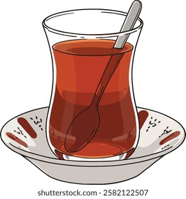 Illustration of a Turkish tea with plate and spoon inside, isolated on white background