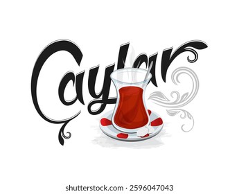 An illustration of Turkish tea in a tulip-shaped glass beside the word 'Çaylar' in black typography. Steam, sugar cubes, and saucer details emphasize the enjoyment of tea culture