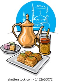 illustration of turkish traditional tea with baklava, sweets and delight