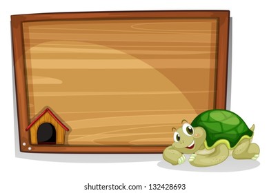 Illustration of a turle beside the empty wooden board on a white background