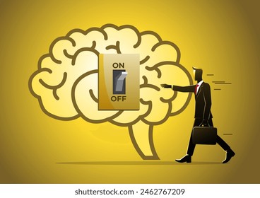 An illustration of turn on brain to think, creativity or emotional intelligence, mindset, wisdom and knowledge concept, smart businessman genius turn on switch on his own brain