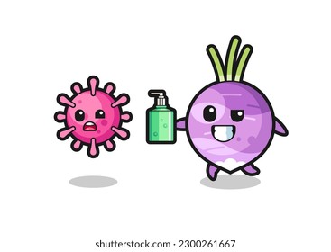 illustration of turnip character chasing evil virus with hand sanitizer , cute style design for t shirt, sticker, logo element