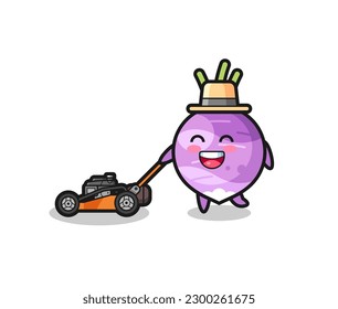 illustration of the turnip character using lawn mower , cute style design for t shirt, sticker, logo element