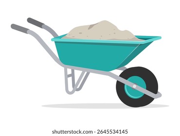 Illustration of a turquoise wheelbarrow filled with sand isolated on white background