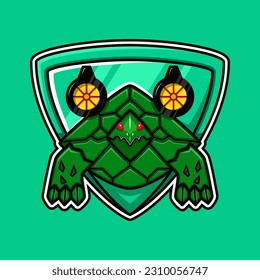 an illustration of a turtle above it is a basoka and behind it is a shield. modern and creative. use for gaming logo or esports logo, sports, mascot or t-shirt design