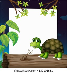 Illustration of a turtle above the wood with an empty board at the back