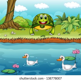 Illustration of a turtle beside the river with ducks