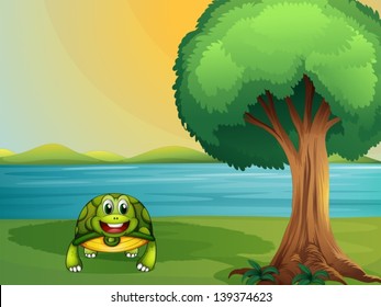 Illustration of a turtle beside a tree at the river