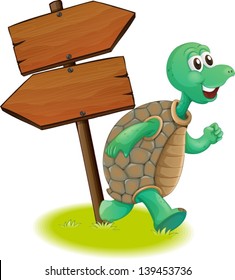Illustration of a turtle beside the wooden arrowboards on a white background