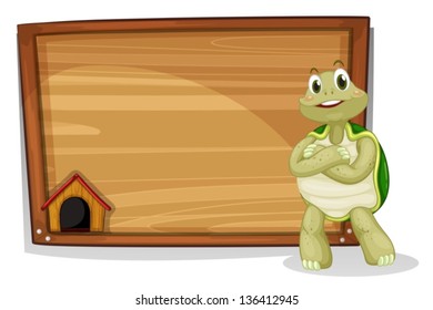 Illustration of a turtle beside a wooden board on a white background