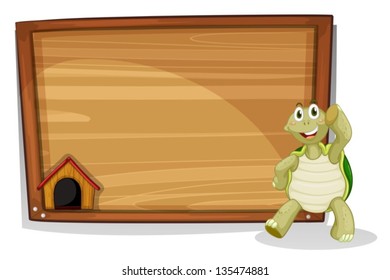 Illustration of a turtle beside a wooden empty board on a white background