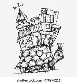 an illustration of turtle carrying or lifting many houses